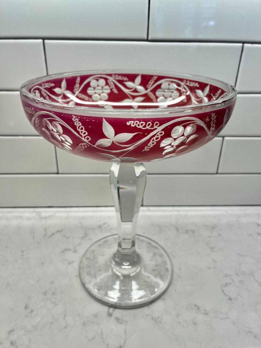 Vintage Cranberry Red and Clear Crystal Compote